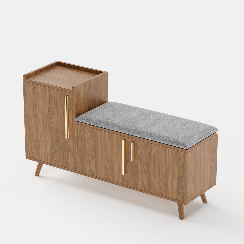 Walnut Wooden Shoe Storage Bench with Left-Side Cabinet for Entryway (1200mm) window image