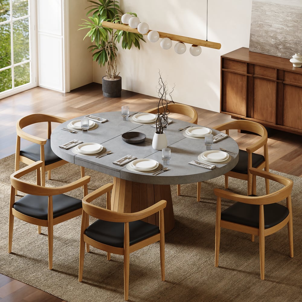 Dining Set 39"-55" Japandi Extendable Dining Table Gray with 6 Chairs window image