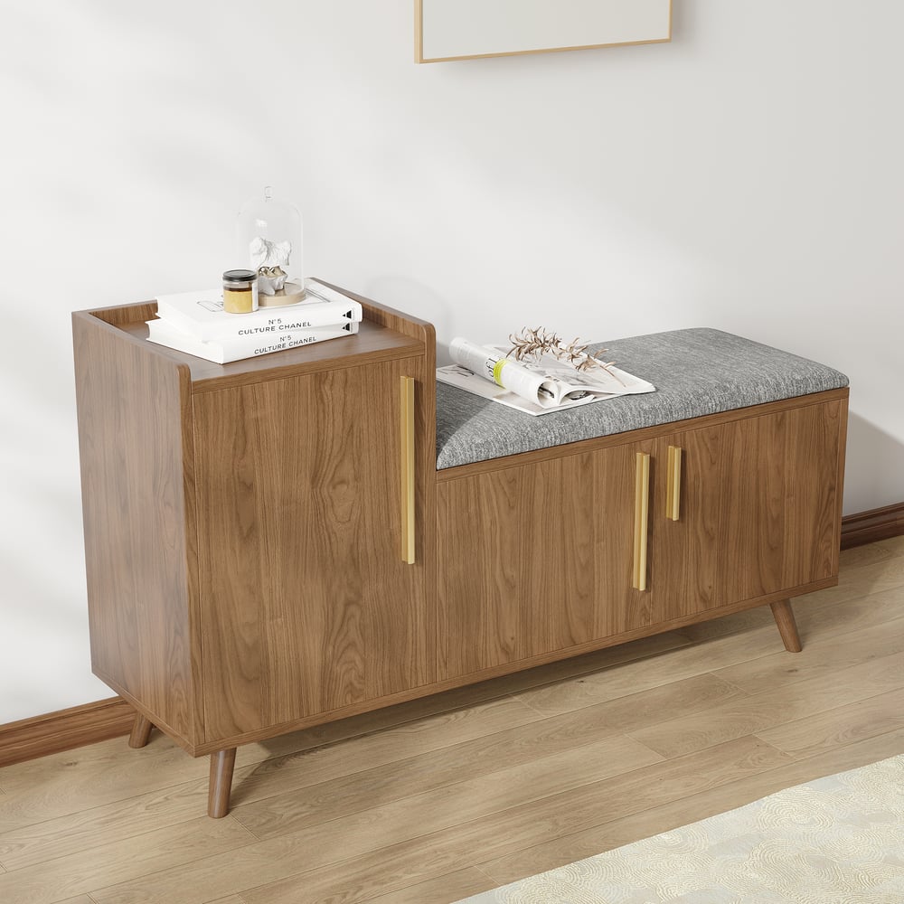 Walnut Wooden Shoe Storage Bench with Left-Side Cabinet for Entryway (1200mm) window image