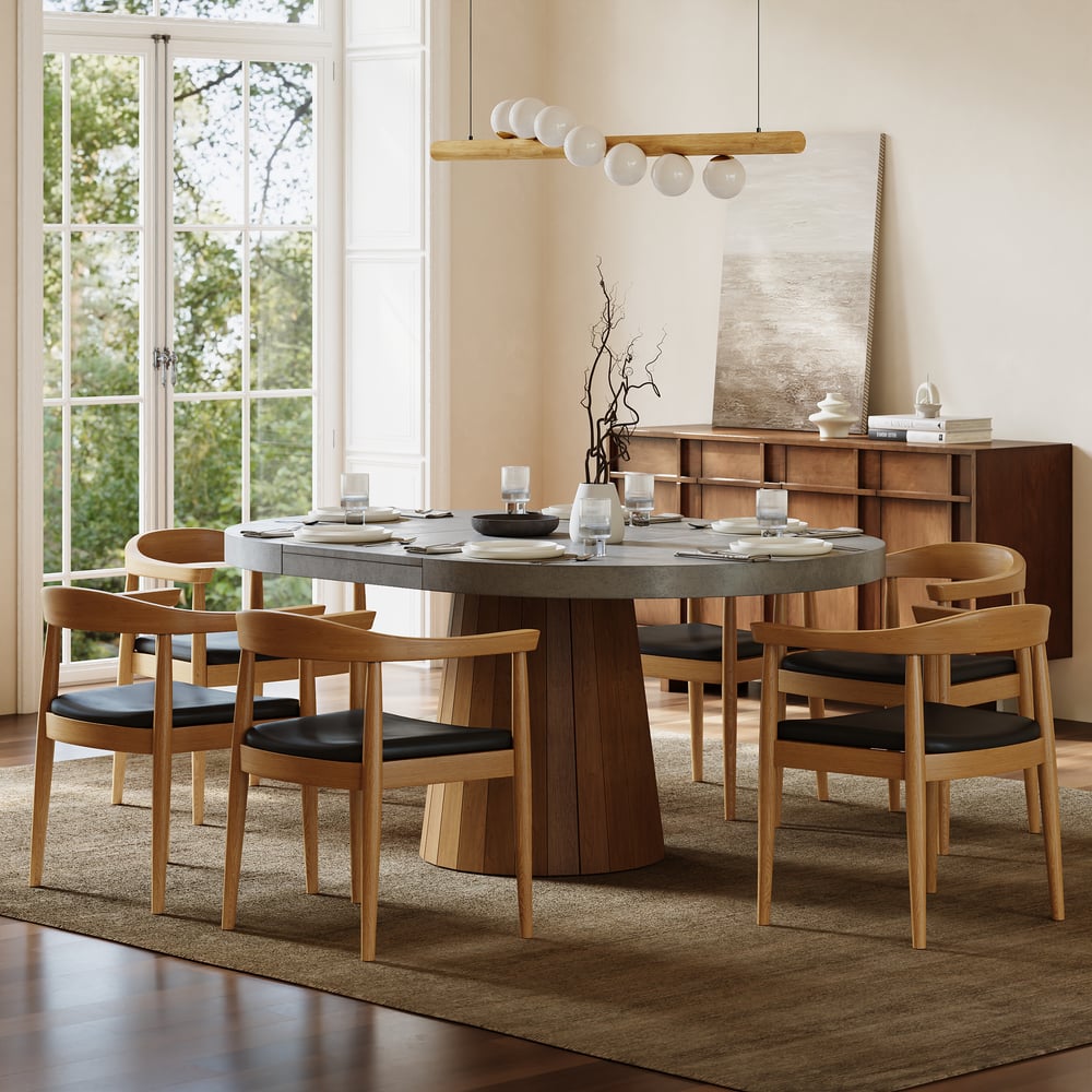 Dining Set 39"-55" Japandi Extendable Dining Table Gray with 6 Chairs window image
