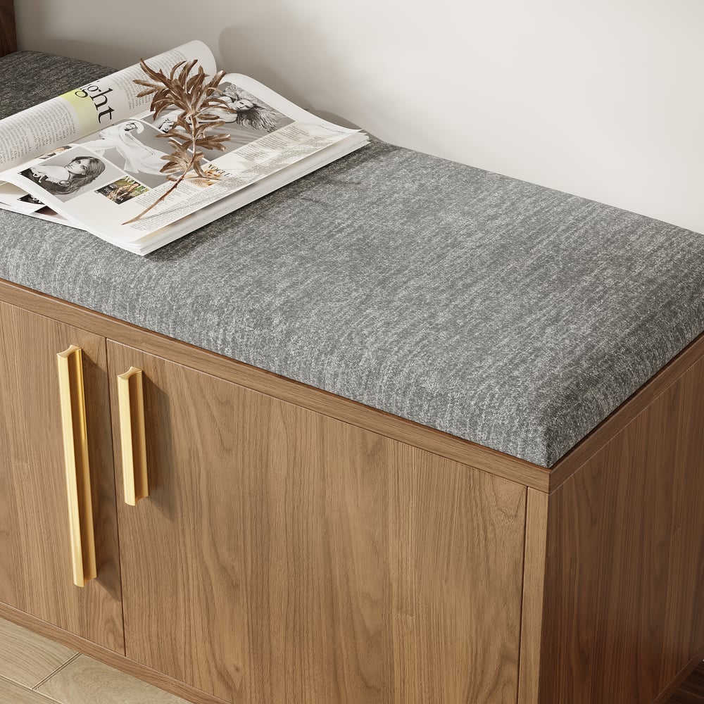 Walnut Wooden Shoe Storage Bench with Left-Side Cabinet for Entryway (1200mm) window image