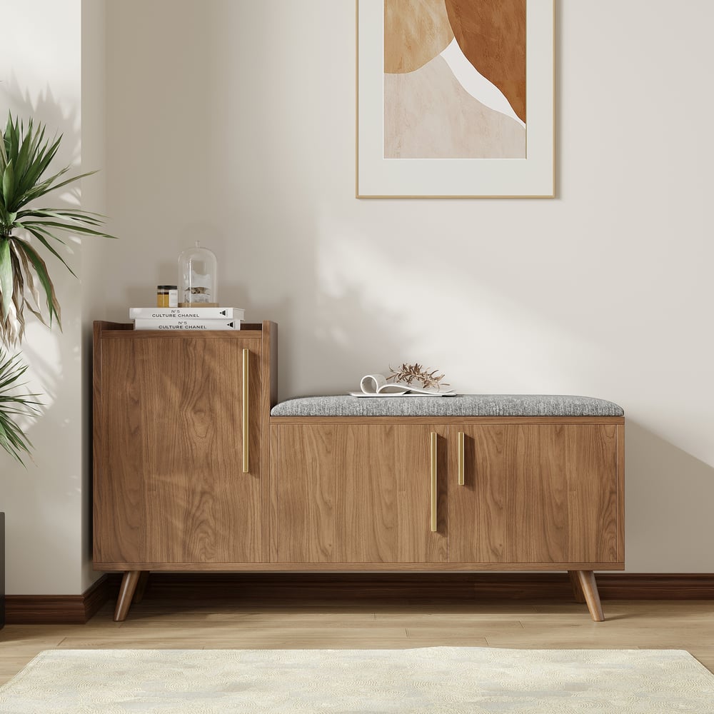 Walnut Wooden Shoe Storage Bench with Left-Side Cabinet for Entryway (1200mm) window image