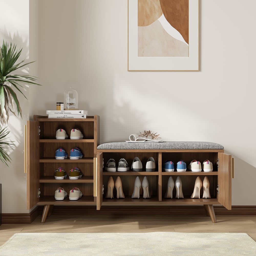 Walnut Wooden Shoe Storage Bench with Left-Side Cabinet for Entryway (1200mm) window image