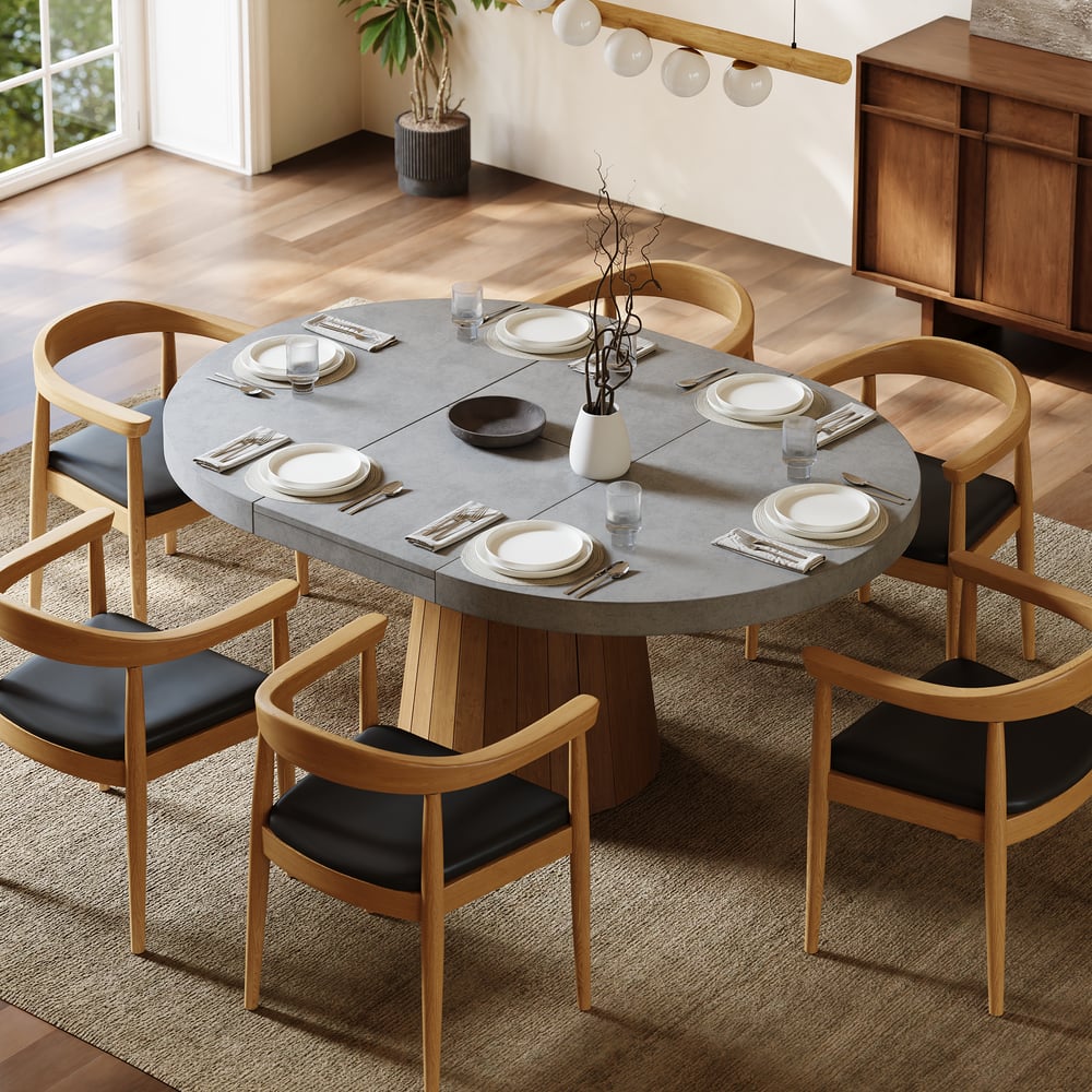 Dining Set 39"-55" Japandi Extendable Dining Table Gray with 6 Chairs window image