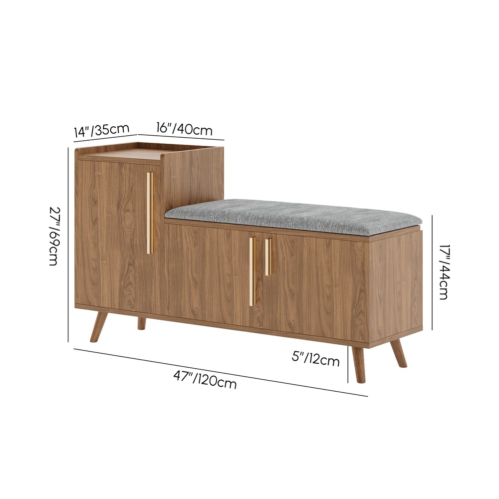 Walnut Wooden Shoe Storage Bench with Left-Side Cabinet for Entryway (1200mm) weights dimensions image