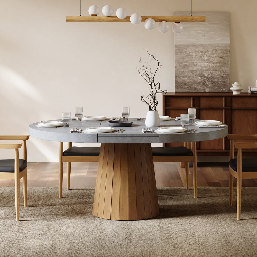 Dining Set 39"-55" Japandi Extendable Dining Table Gray with 6 Chairs window image