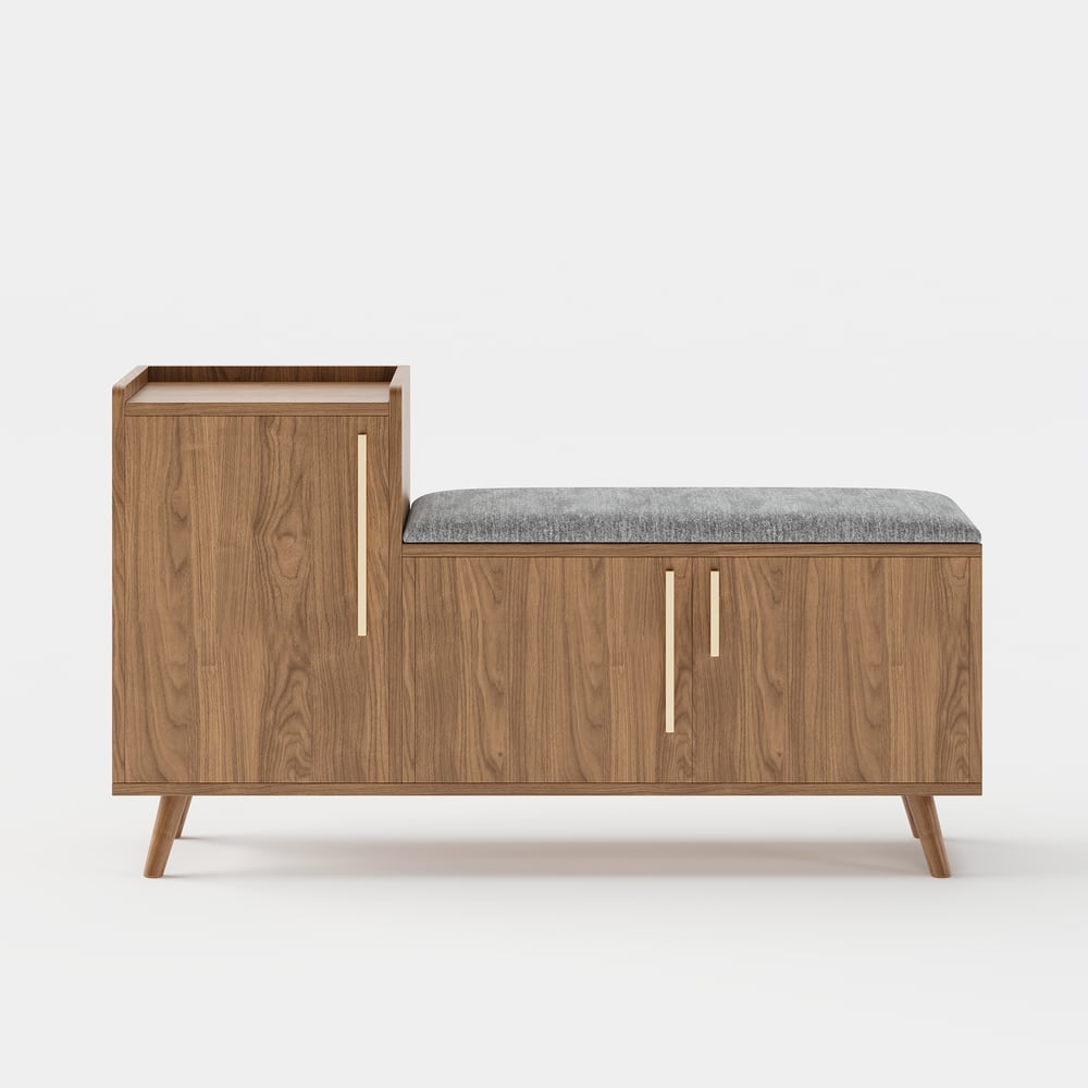 Walnut Wooden Shoe Storage Bench with Left-Side Cabinet for Entryway (1200mm) window image