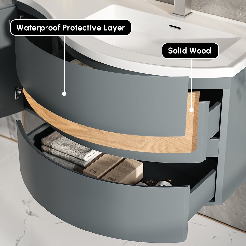 Floating Curved Bathroom Vanity & Round LED Medicine Cabinet Set Right Offset window image