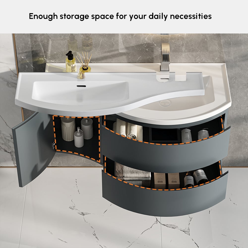Floating Curved Bathroom Vanity & Round LED Medicine Cabinet Set Right Offset window image