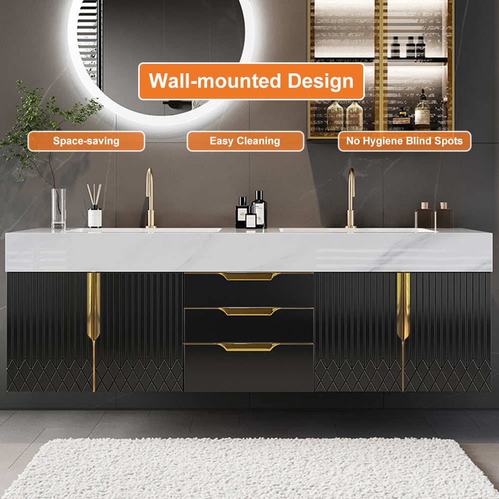 59" Double Sink Floating Vanity Set with LED Medicine Cabinet with Storage window image