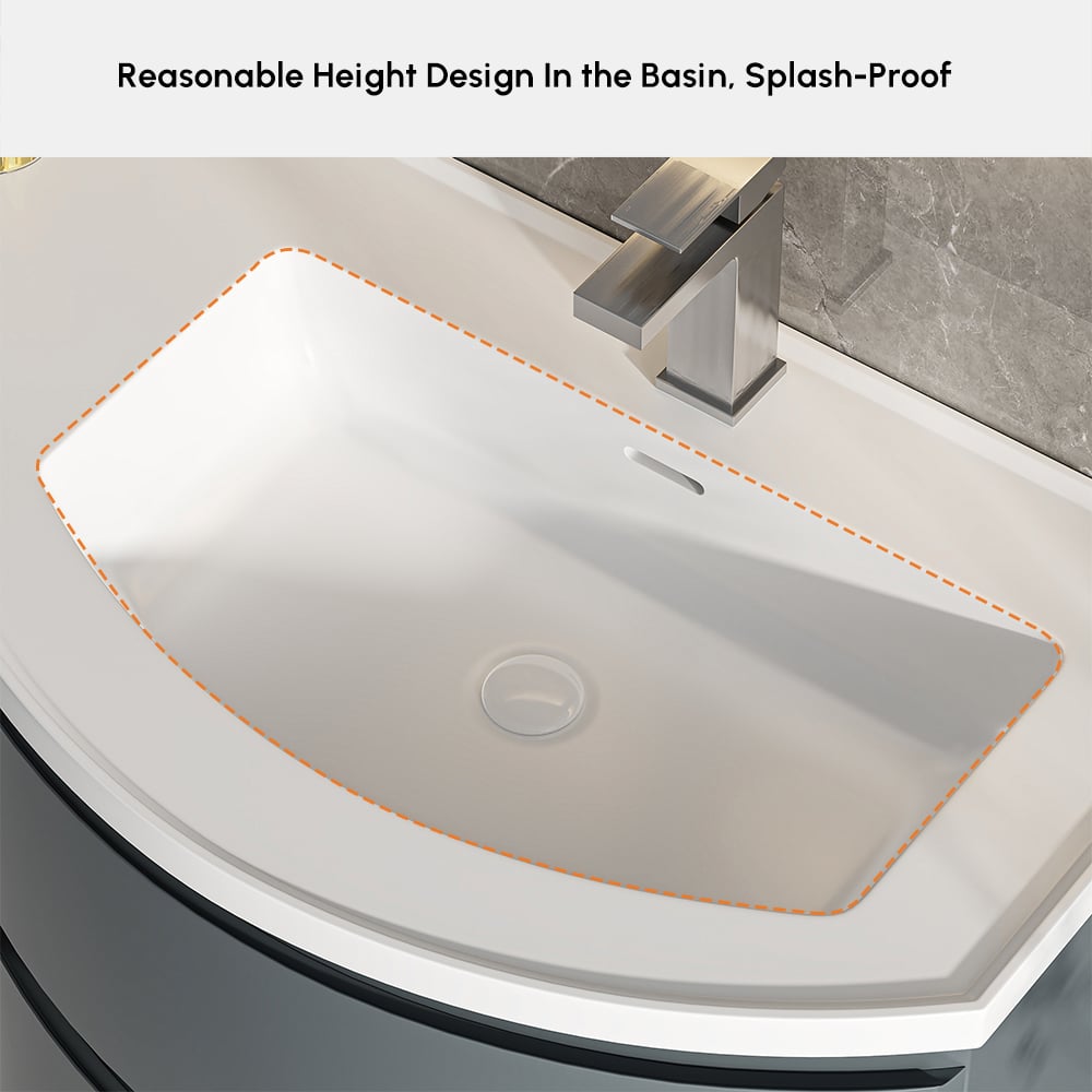 Floating Curved Bathroom Vanity & Round LED Medicine Cabinet Set Right Offset window image