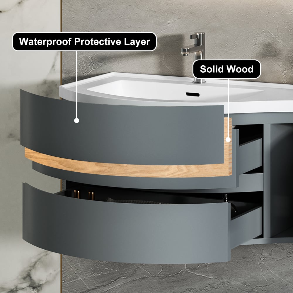 Floating Curved Bathroom Vanity & Round LED Medicine Cabinet Set Left Offset window image