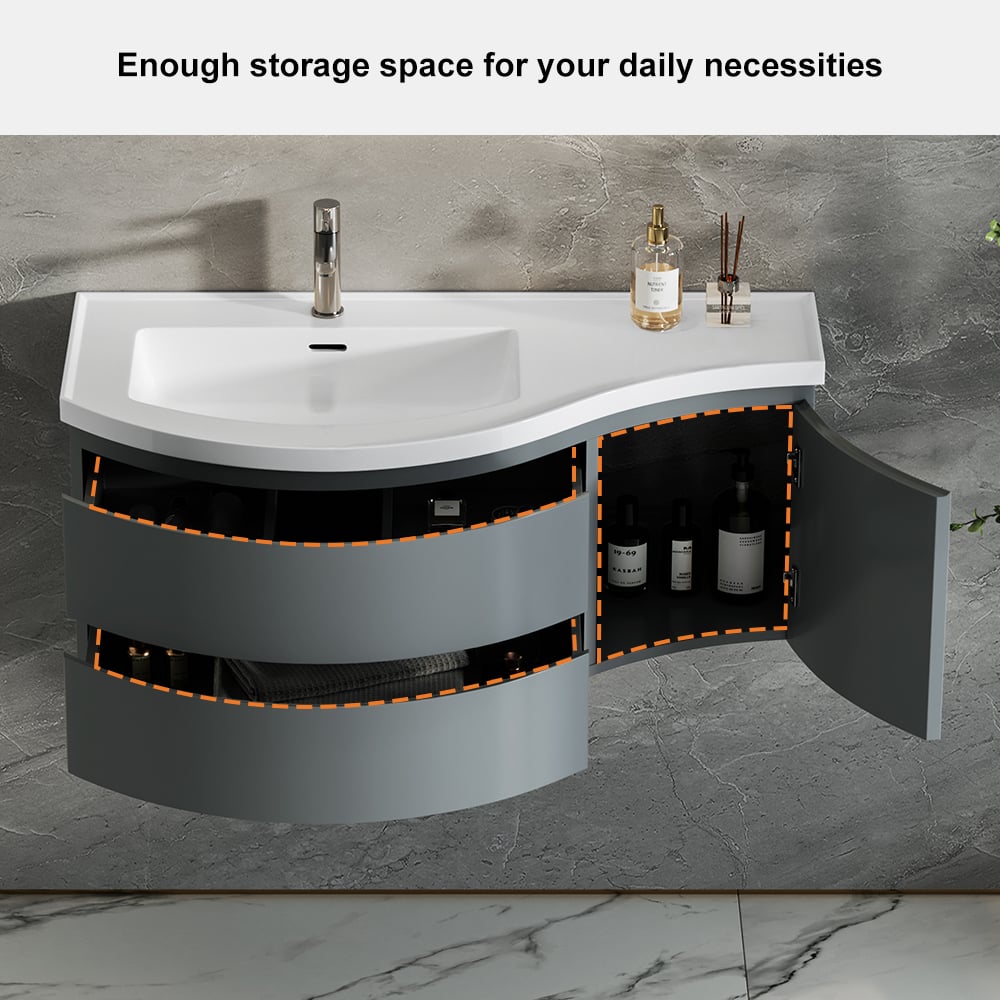 Floating Curved Bathroom Vanity & Round LED Medicine Cabinet Set Left Offset window image