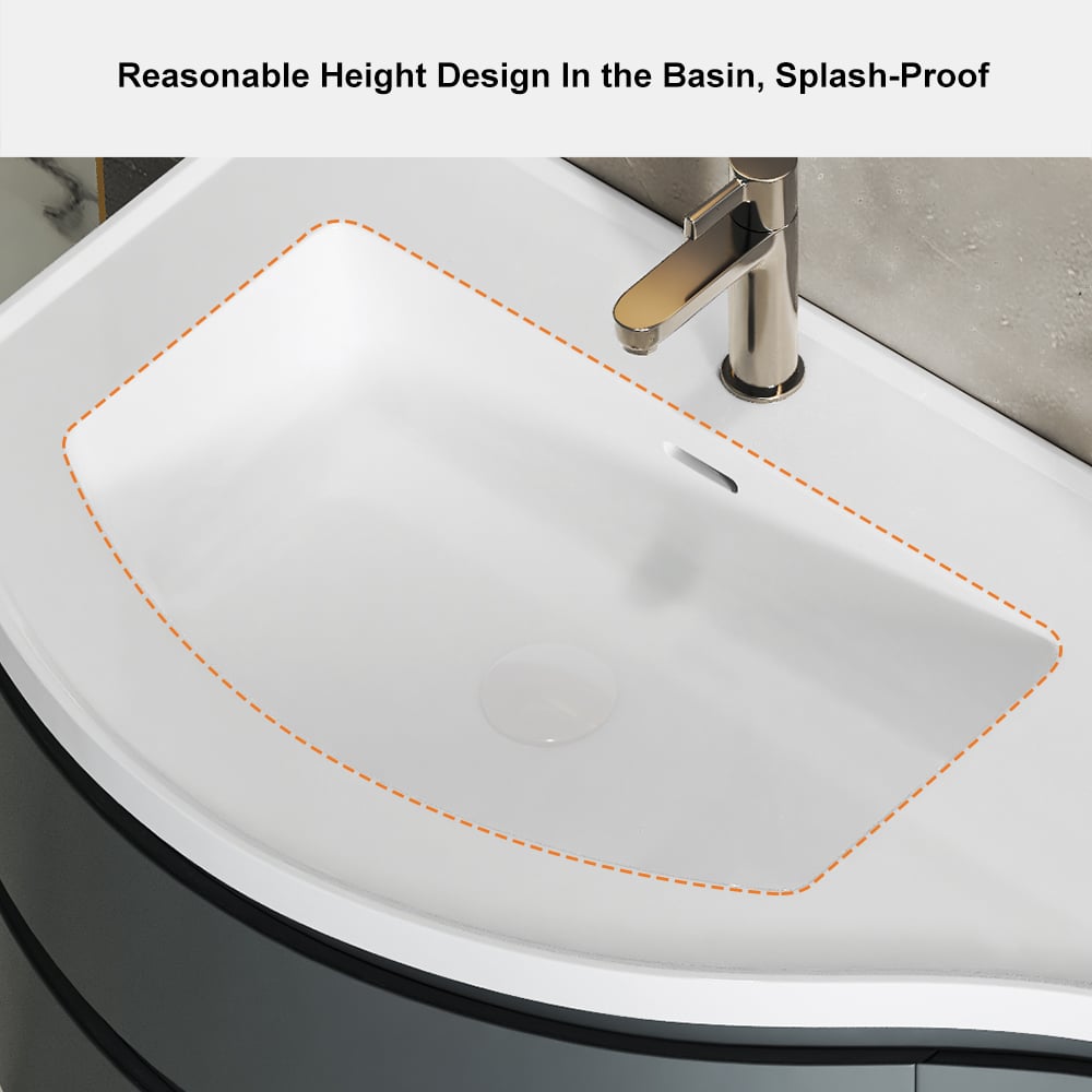 Floating Curved Bathroom Vanity & Round LED Medicine Cabinet Set Left Offset window image
