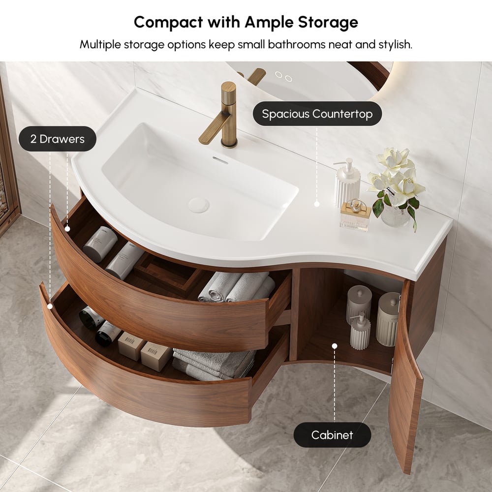 Floating Curved Bathroom Vanity in Walnut Left Offset & Round LED Medicine Cabinet Set window image