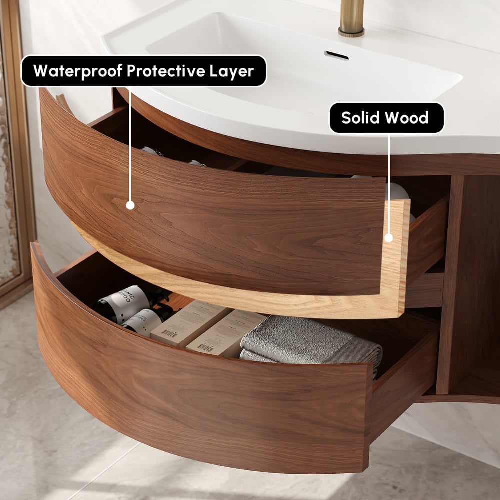 Floating Curved Bathroom Vanity in Walnut Left Offset & Round LED Medicine Cabinet Set window image