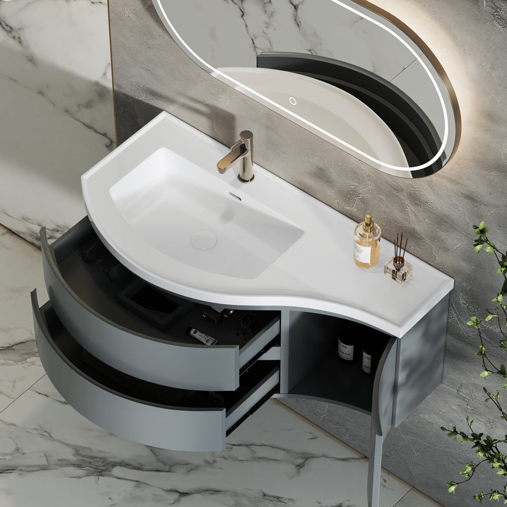 Floating Curved Bathroom Vanity & Round LED Medicine Cabinet Set Left Offset window image