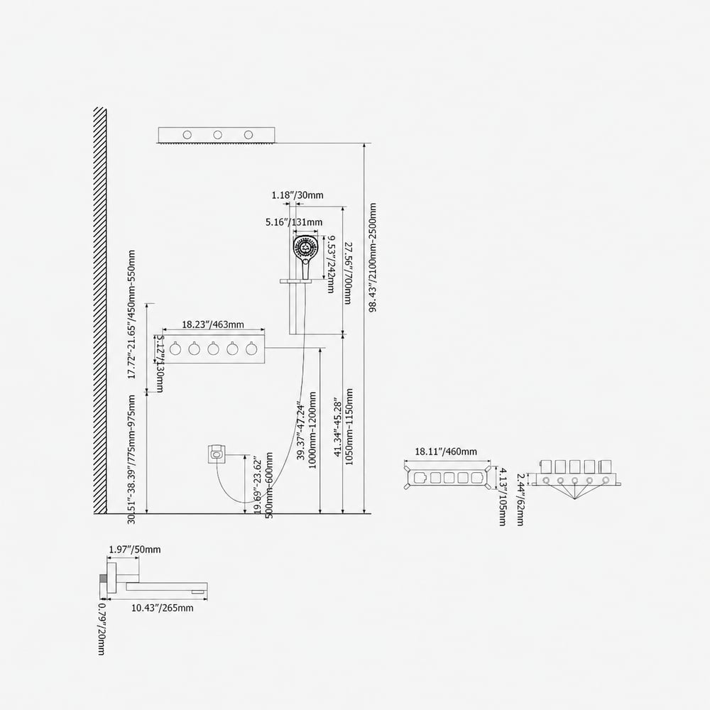 Wall-Mounted 50 cm Shower Set Rainfall 4 Functions Thermostatic in Gold weights dimensions image