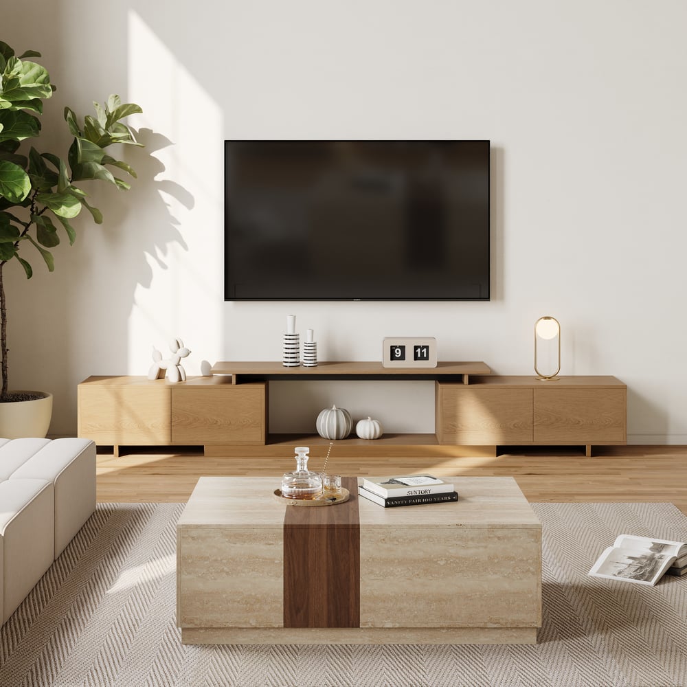 Vewal 120 cm Travertine & Walnut Veneer Block Coffee Table with 2 Drawers window image