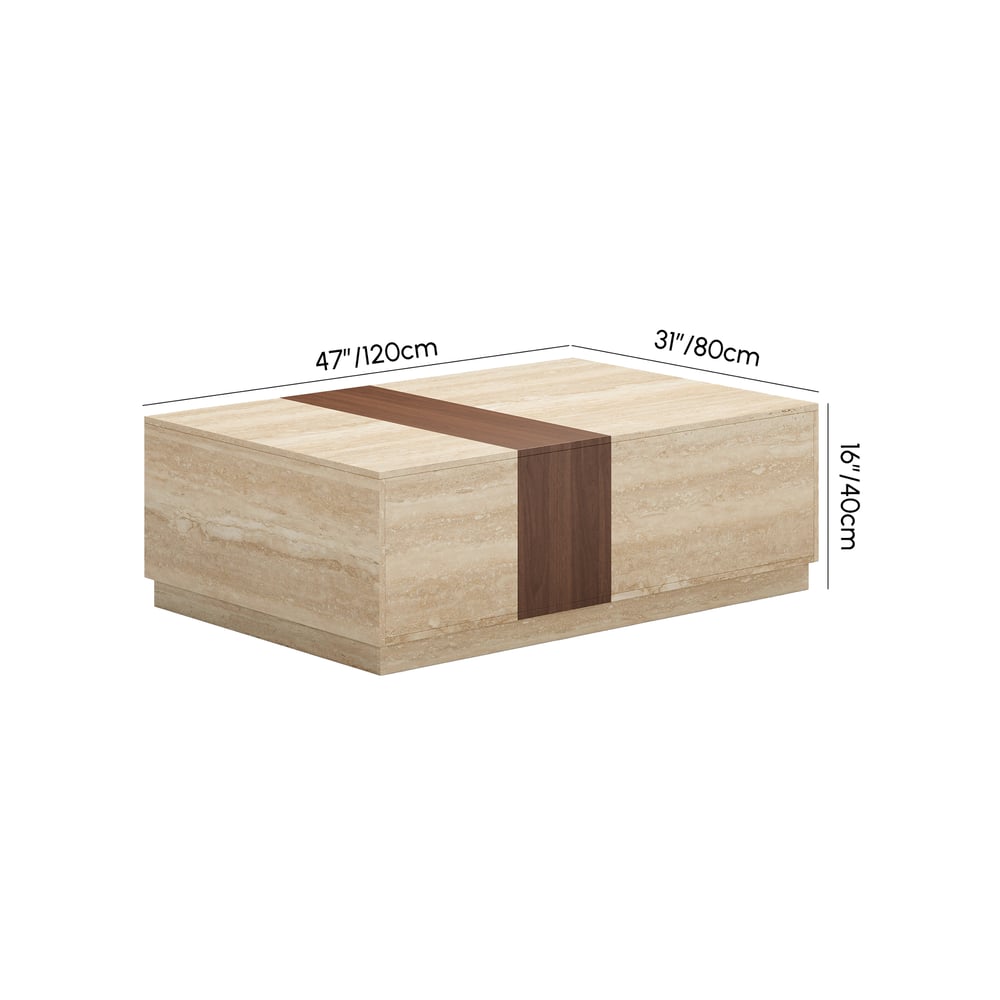 Vewal 120 cm Travertine & Walnut Veneer Block Coffee Table with 2 Drawers weights dimensions image