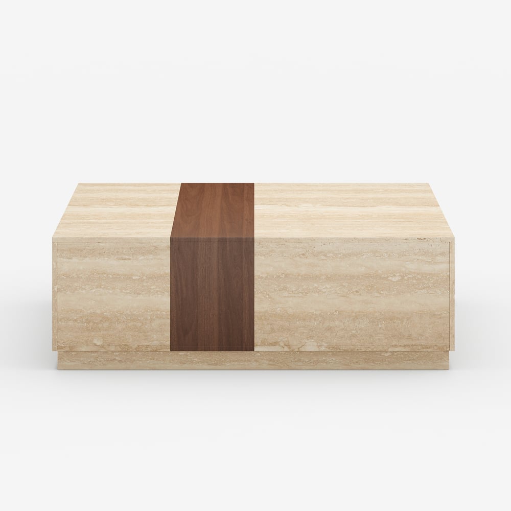 Vewal 120 cm Travertine & Walnut Veneer Block Coffee Table with 2 Drawers window image