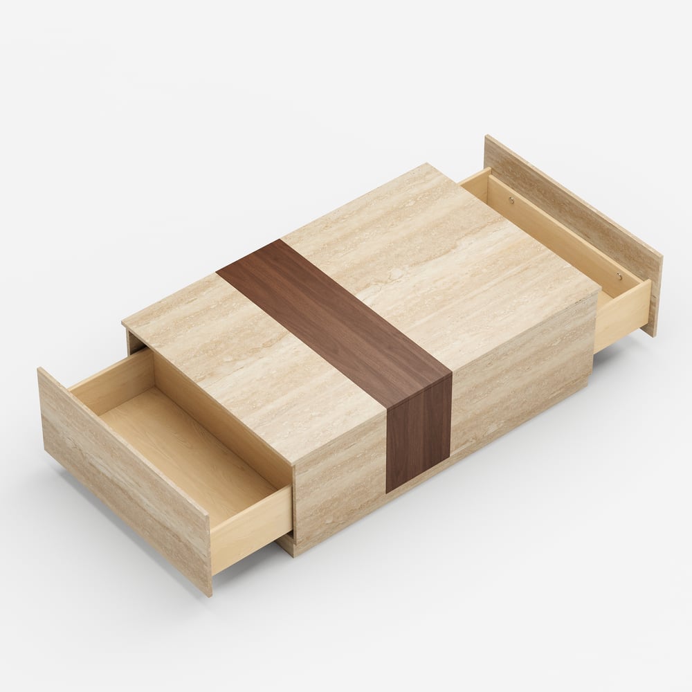 Vewal 120 cm Travertine & Walnut Veneer Block Coffee Table with 2 Drawers window image