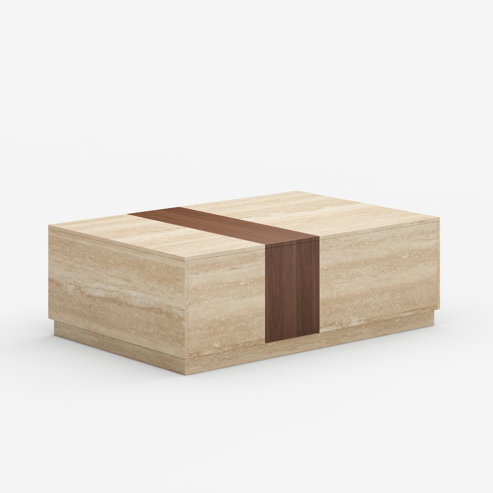 Vewal 120 cm Travertine & Walnut Veneer Block Coffee Table with 2 Drawers window image