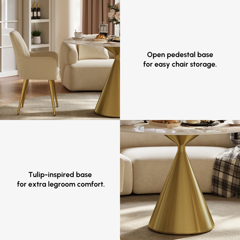 Modern 47" Round Glossy Sintered Stone Dining Table with Gold Metal Pedestal Base, Seats 4 window image
