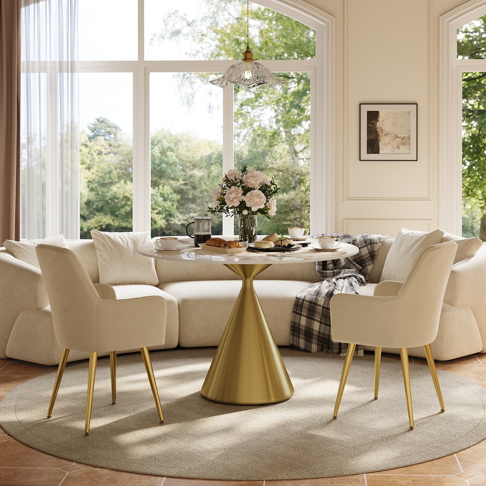 Modern 39" Round Glossy Sintered Stone Dining Table with Gold Metal Pedestal Base, Seats 2 window image