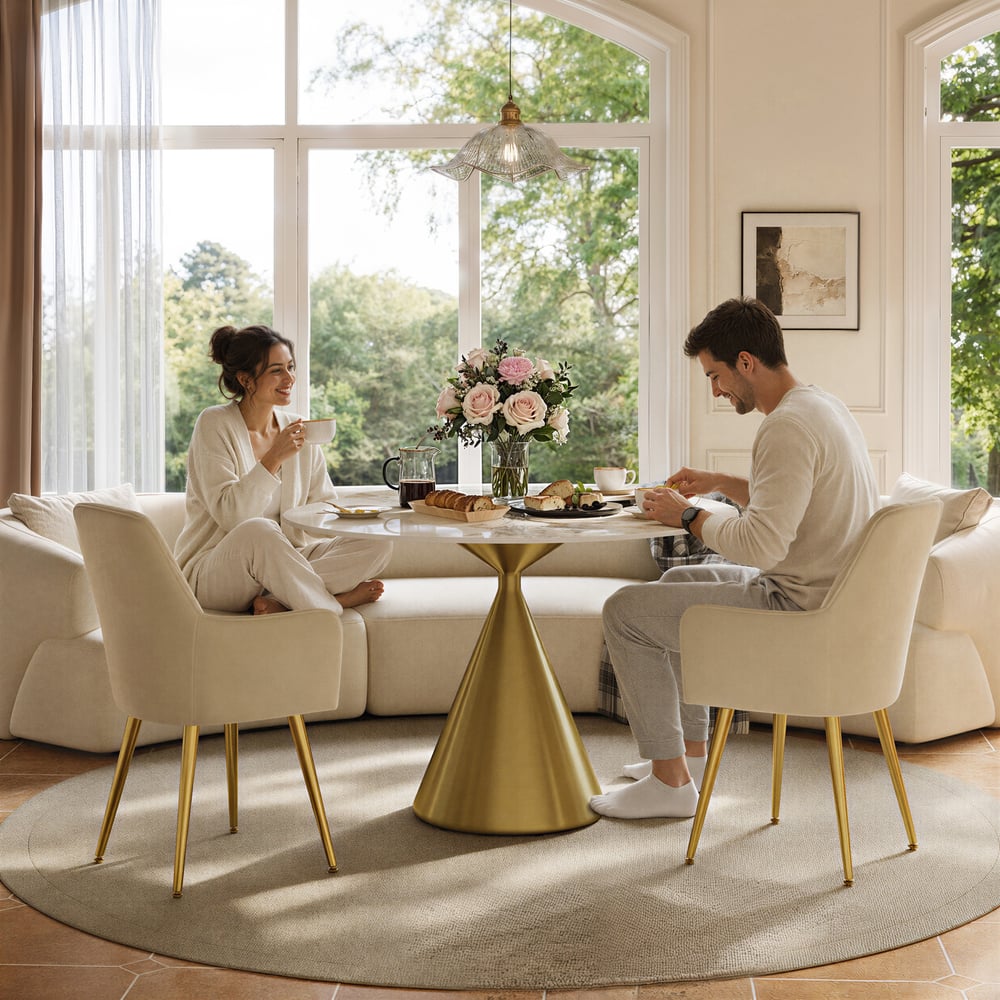 Modern 39" Round Glossy Sintered Stone Dining Table with Gold Metal Pedestal Base, Seats 2 window image
