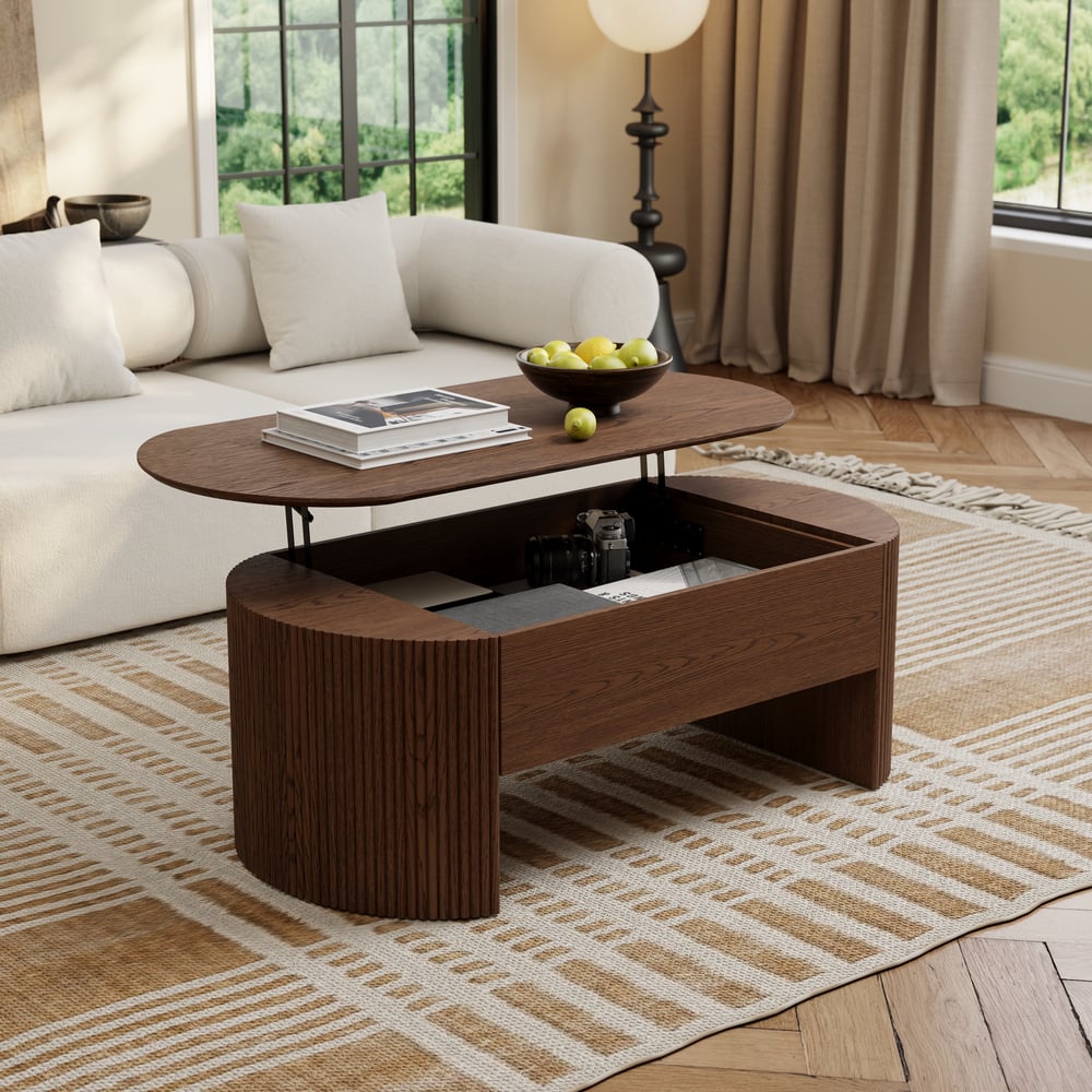 Moderner ovaler höhenverstellbarer Couchtisch aus Nussbaum mit Rillen, 120 cm Schaufensterbilder