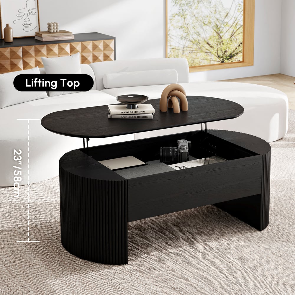 Mesa de café moderna oval preta de 1200 mm com tampo elevatório de meados do século Imagem da janela