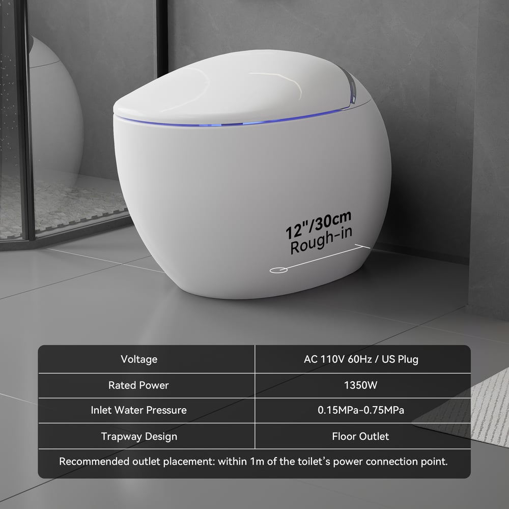 Oluxe G3 Egg-Shape Automatic Smart Bidet Toilet with Built-in Tank, Dual Flush 1.32/1.58 GPF weights dimensions image