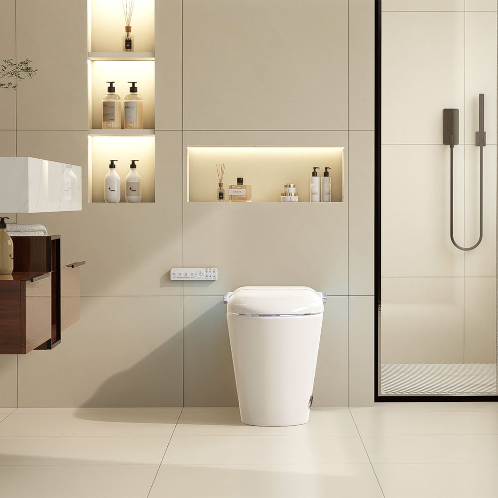 Glowin K3 eendelig verlengd smart toilet met ingebouwd reservoir, aromatherapie en 5L spoeling Vensterafbeelding