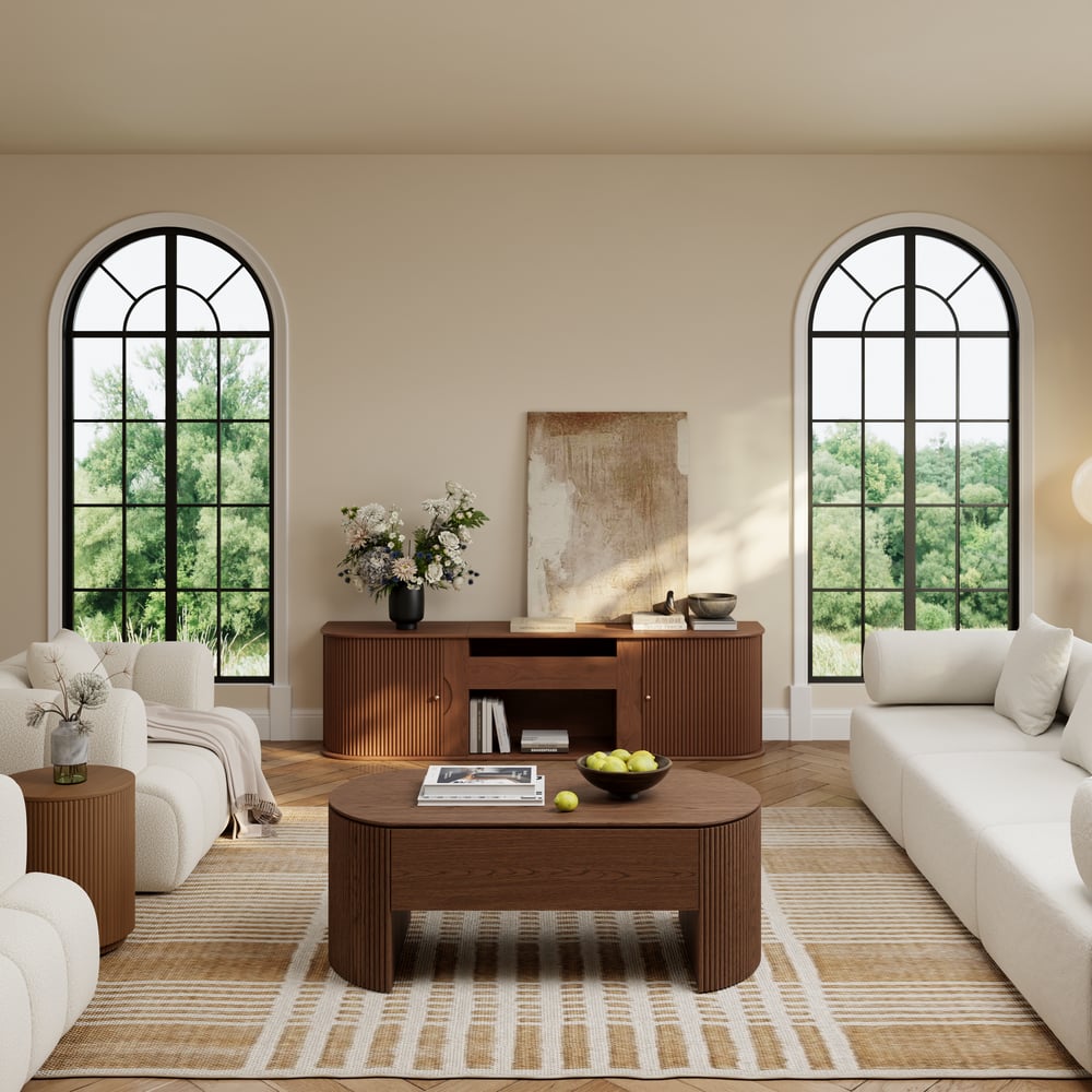 Moderner ovaler höhenverstellbarer Couchtisch aus Nussbaum mit Rillen, 120 cm Schaufensterbilder