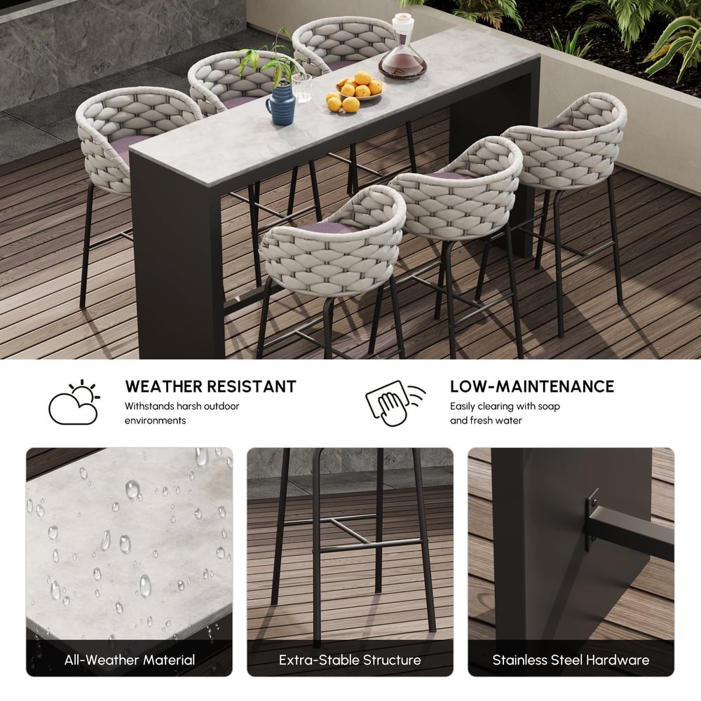 7-Piece Outdoor Sintered Stone & Aluminum Bar Dining Set with 6 Bar Stools in Light Gray window image