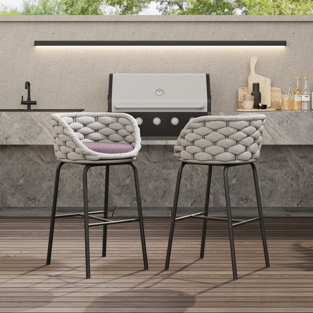 7-Piece Outdoor Sintered Stone & Aluminum Bar Dining Set with 6 Bar Stools in Light Gray window image
