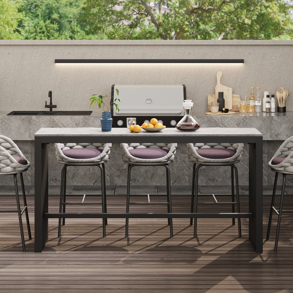 7-Piece Outdoor Sintered Stone & Aluminum Bar Dining Set with 6 Bar Stools in Light Gray window image