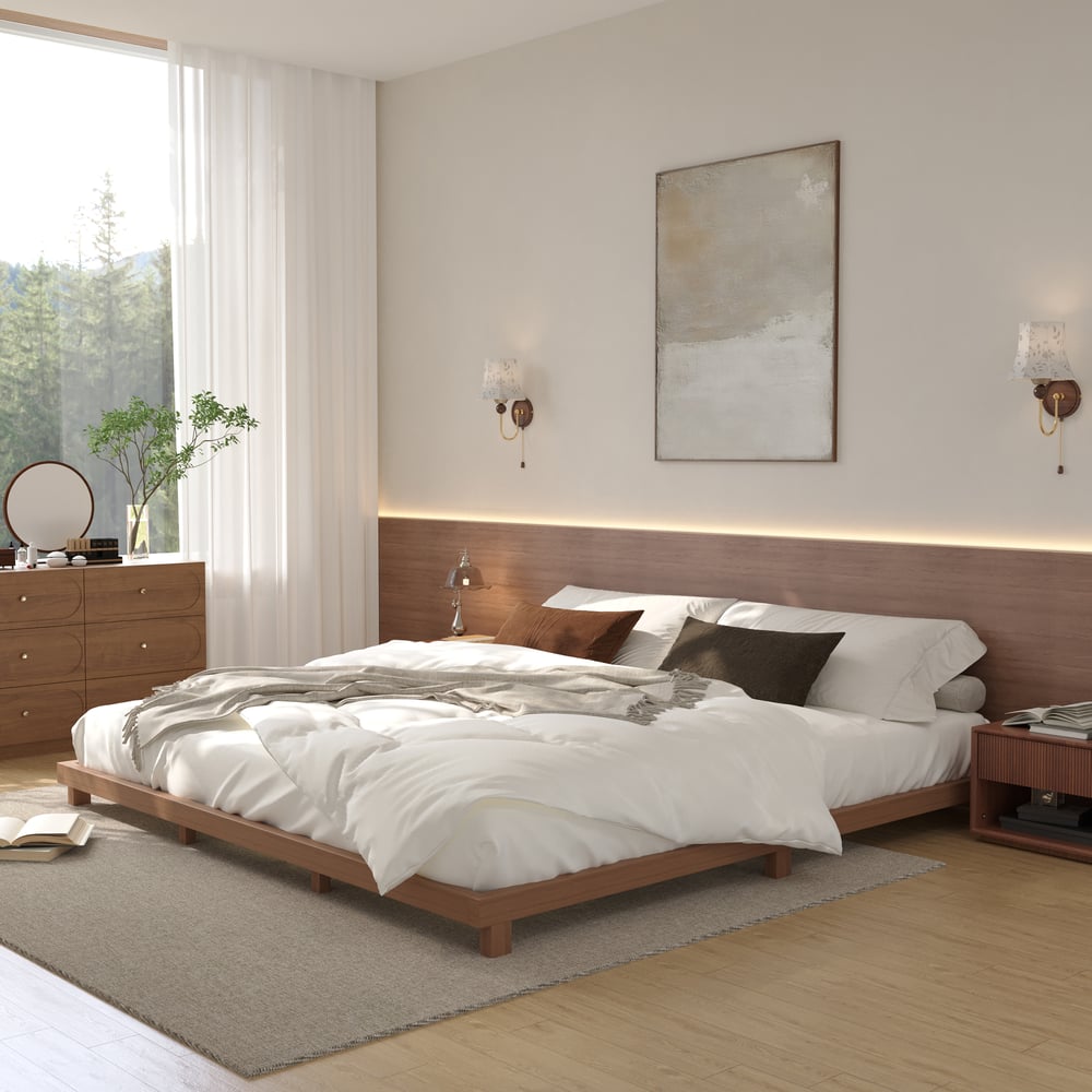 Japanese Style King Floor Wood Bed in Walnut window image