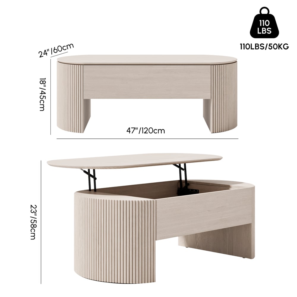 Konferenční stolek ve stylu mid-century modern se zvedací deskou, oválný, 47" váhy a rozměry obrázku