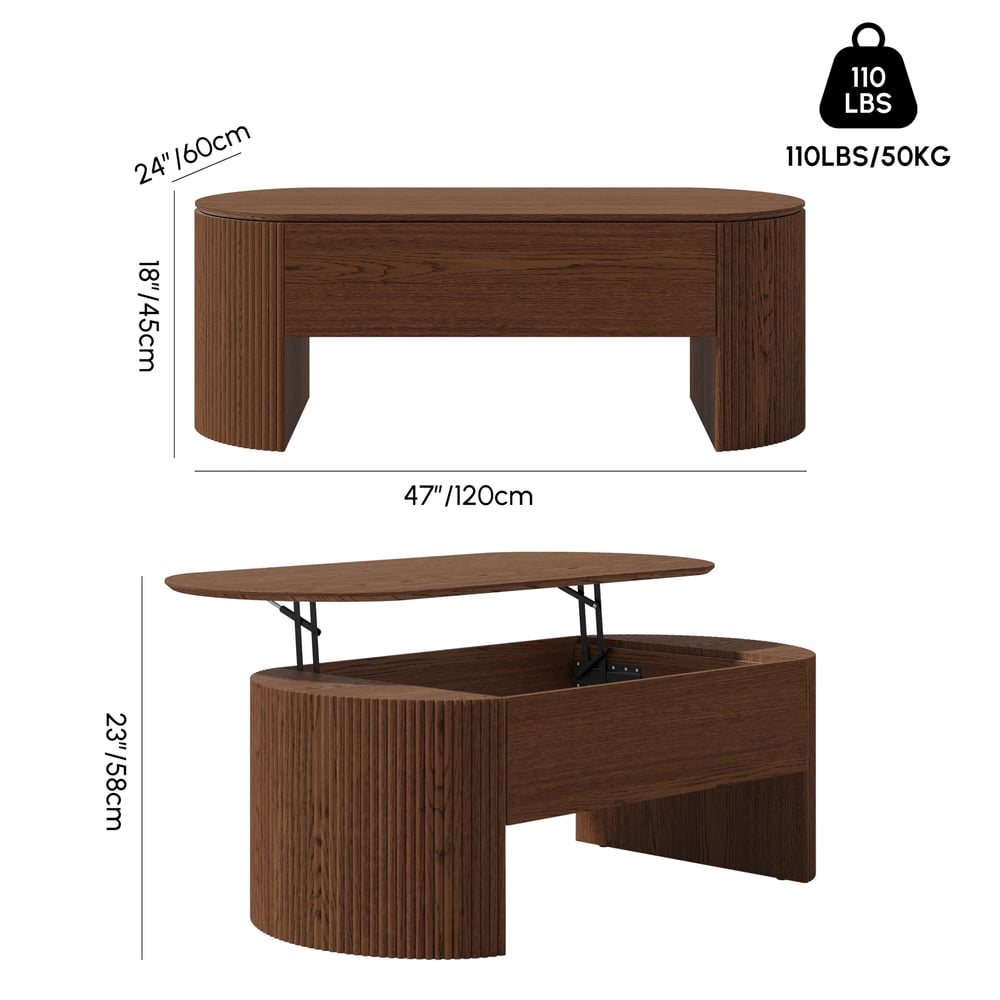 Moderner ovaler höhenverstellbarer Couchtisch aus Nussbaum mit Rillen, 120 cm Bild der Gewichte & Abmessungen