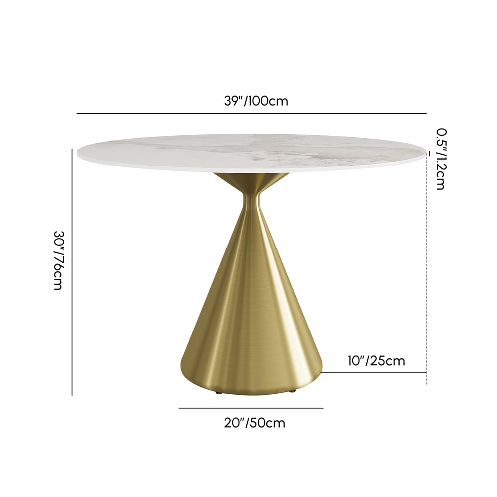 Modern 39" Round Glossy Sintered Stone Dining Table with Gold Metal Pedestal Base, Seats 2 weights dimensions image