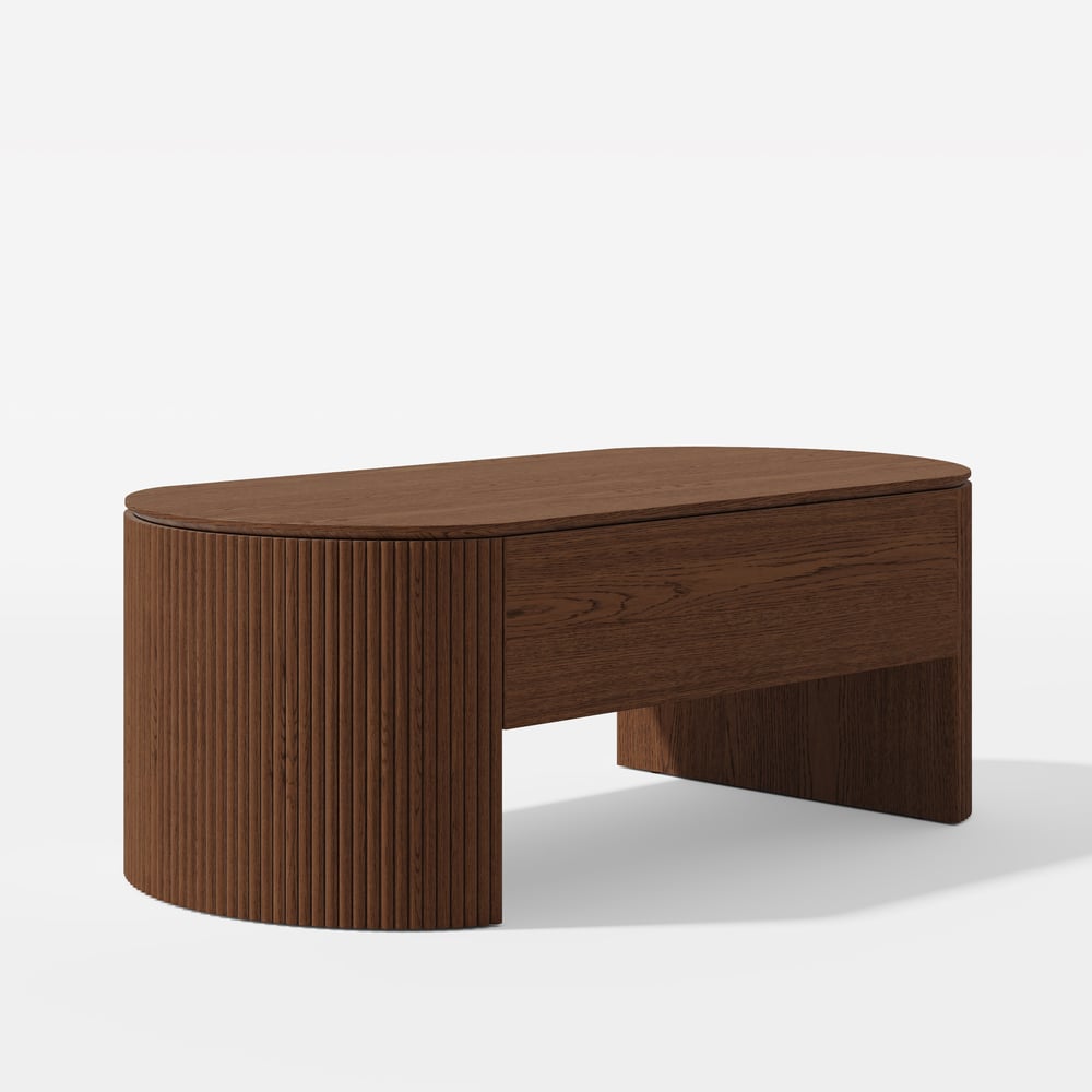 Moderner ovaler höhenverstellbarer Couchtisch aus Nussbaum mit Rillen, 120 cm Schaufensterbilder