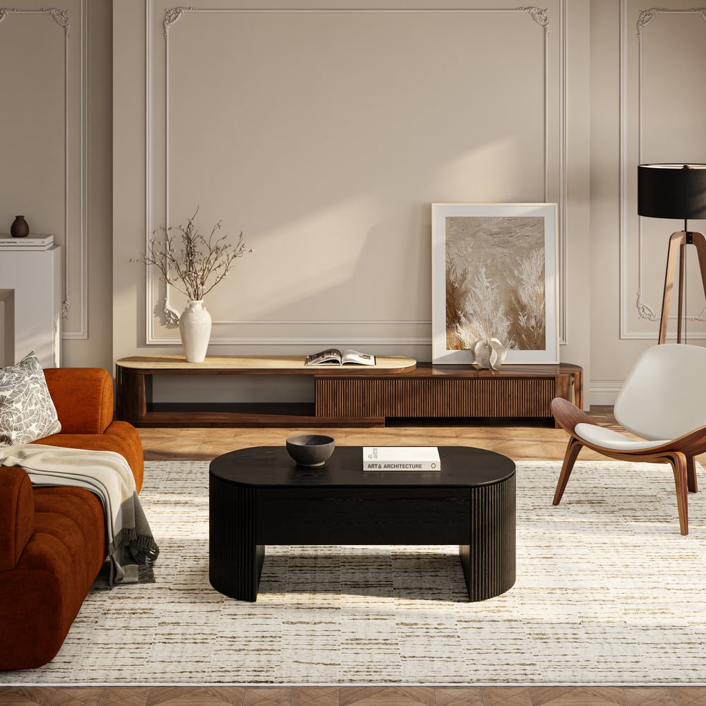 Mesa de café moderna oval preta de 1200 mm com tampo elevatório de meados do século Imagem da janela