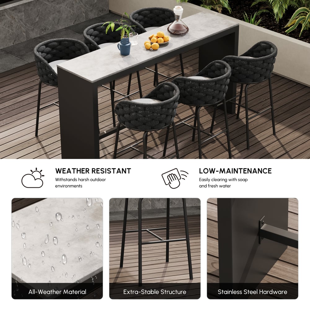 7-Piece Outdoor Sintered Stone & Aluminium Bar Dining Set with 6 Bar Stools in Dark Grey window image