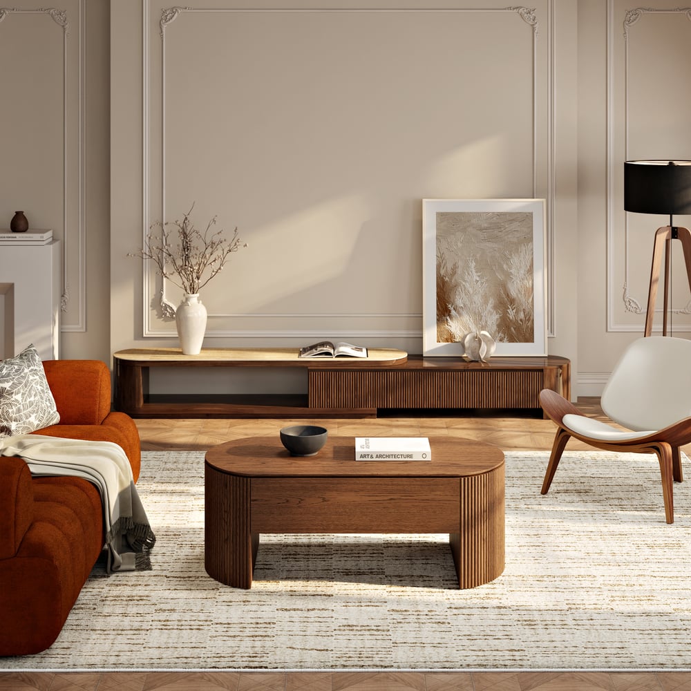 Moderner ovaler höhenverstellbarer Couchtisch aus Nussbaum mit Rillen, 120 cm Schaufensterbilder