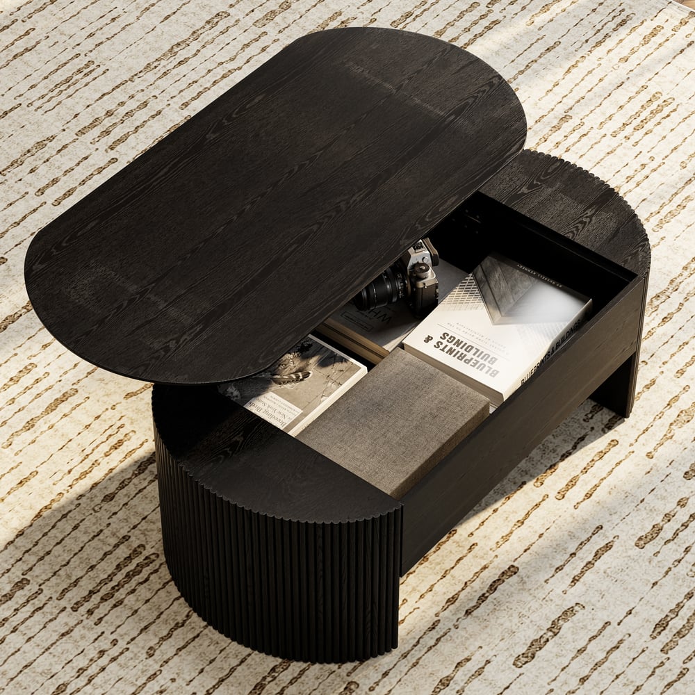 Mesa de café moderna oval preta de 1200 mm com tampo elevatório de meados do século Imagem da janela