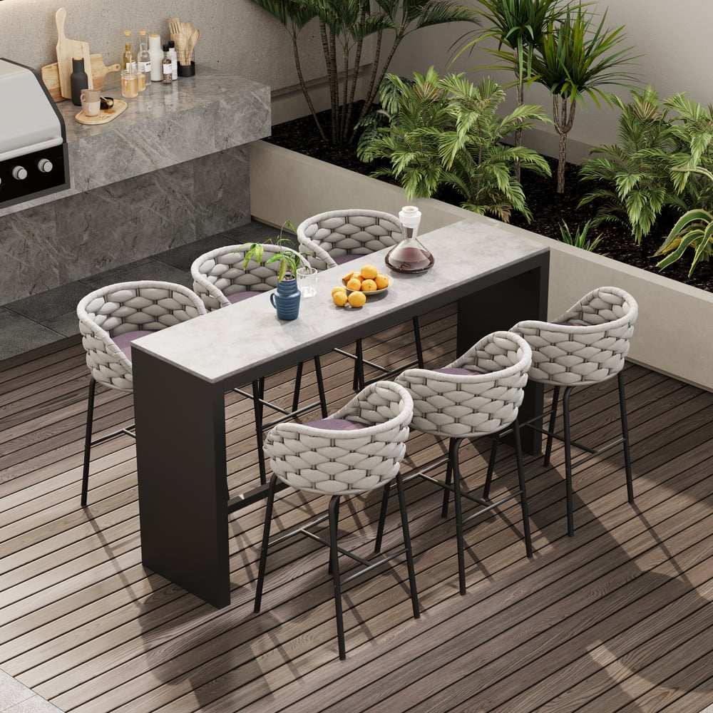 7-Piece Outdoor Sintered Stone & Aluminum Bar Dining Set with 6 Bar Stools in Light Gray window image
