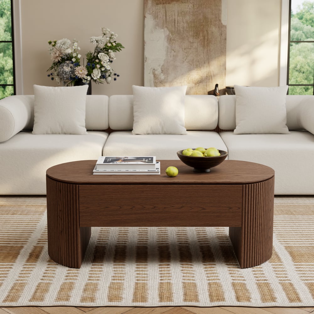 Moderner ovaler höhenverstellbarer Couchtisch aus Nussbaum mit Rillen, 120 cm Schaufensterbilder