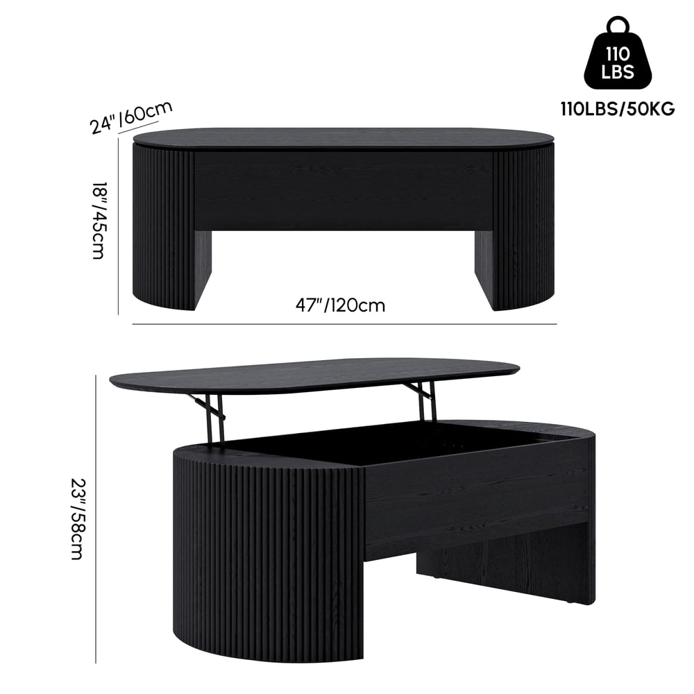 Mesa de café moderna oval preta de 1200 mm com tampo elevatório de meados do século Imagem com pesos e dimensões